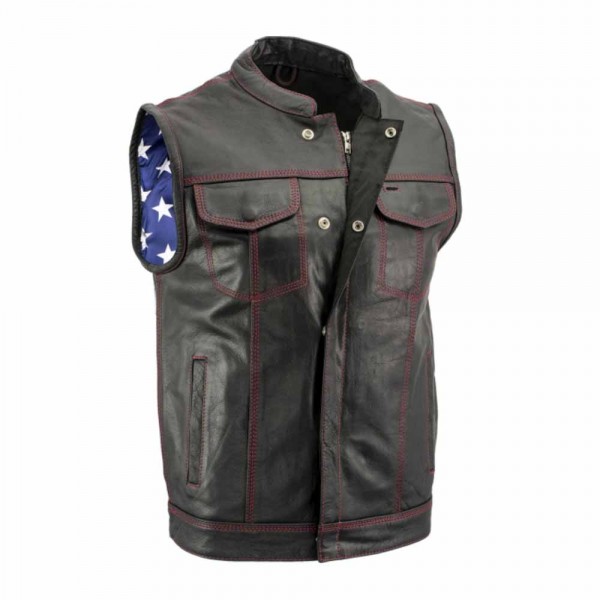 Leather Vest With Red Stitching And Inside Flag Lining