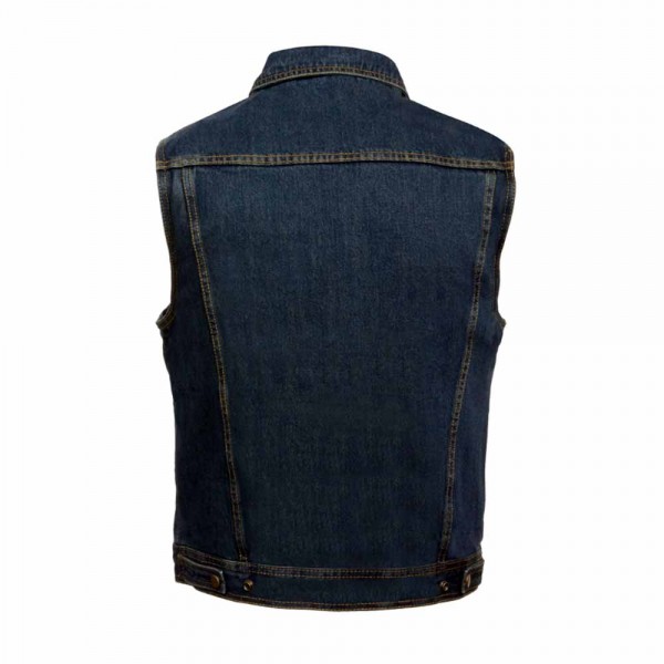 Leather Men's Blue Snap Front Denim Vest With Shirt Collar