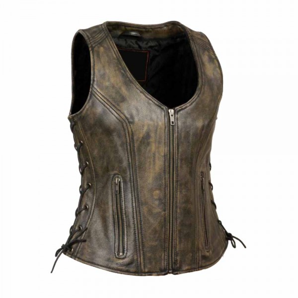 Leather Women's Black 'Open Neck’ Leather Vest W...