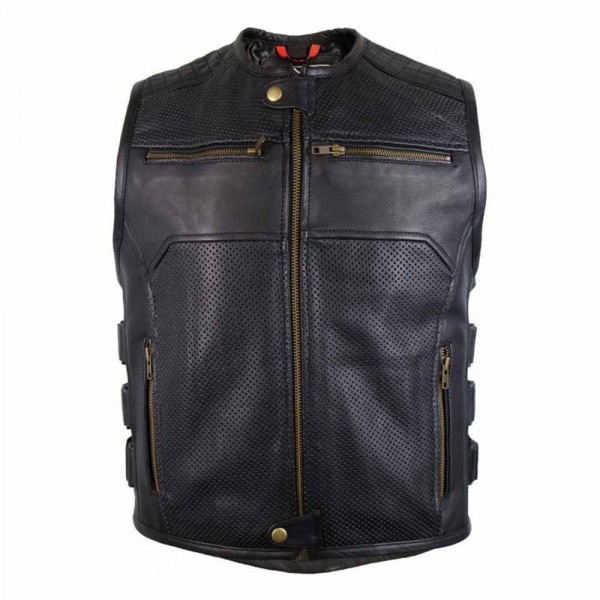 Motorcycle Leather Vest With Zipper And Adjustable...