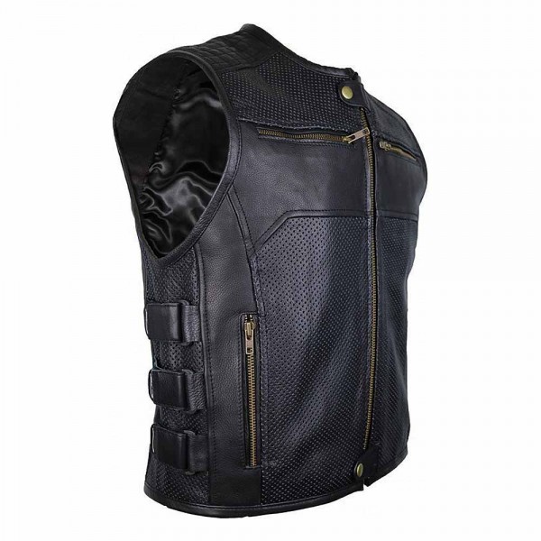 Motorcycle Leather Vest With Zipper And Adjustable Velcro Straps
